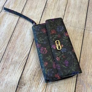 Guang TongVegan Leather Wristlet Wallet‎ Black Gold Hardware Organizer Floral